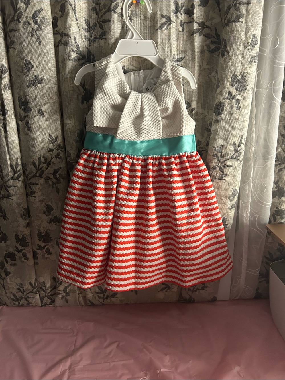 Rare Editions Ivory and Coral Stripe Dress with Teal Sash